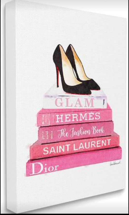 Stupell Industries Glam Pink Fashion Books Black Pump Hells Stretched Canvas Wall Art